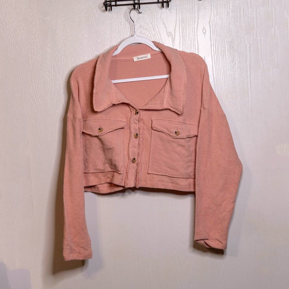 CLEARANCE Bucketlist Salmon Pink Terry Crop Sweater Top - Size Large